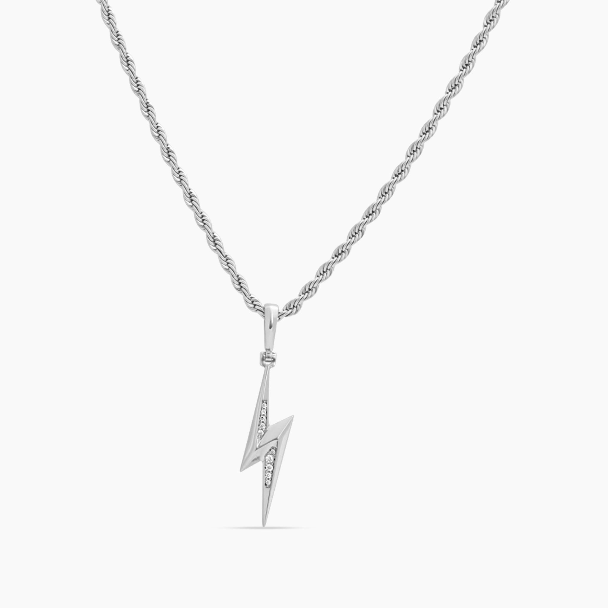 White Gold Diamond CZ Lightning Bolt Necklace