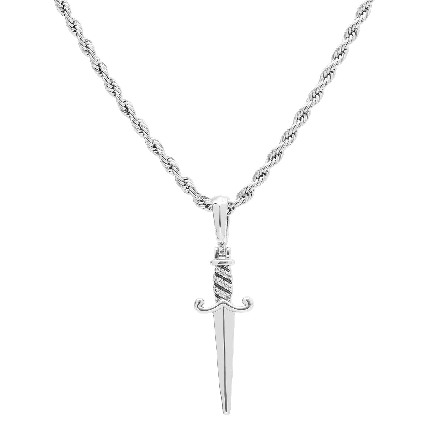 White Gold Diamond CZ Dagger Pendant Necklace