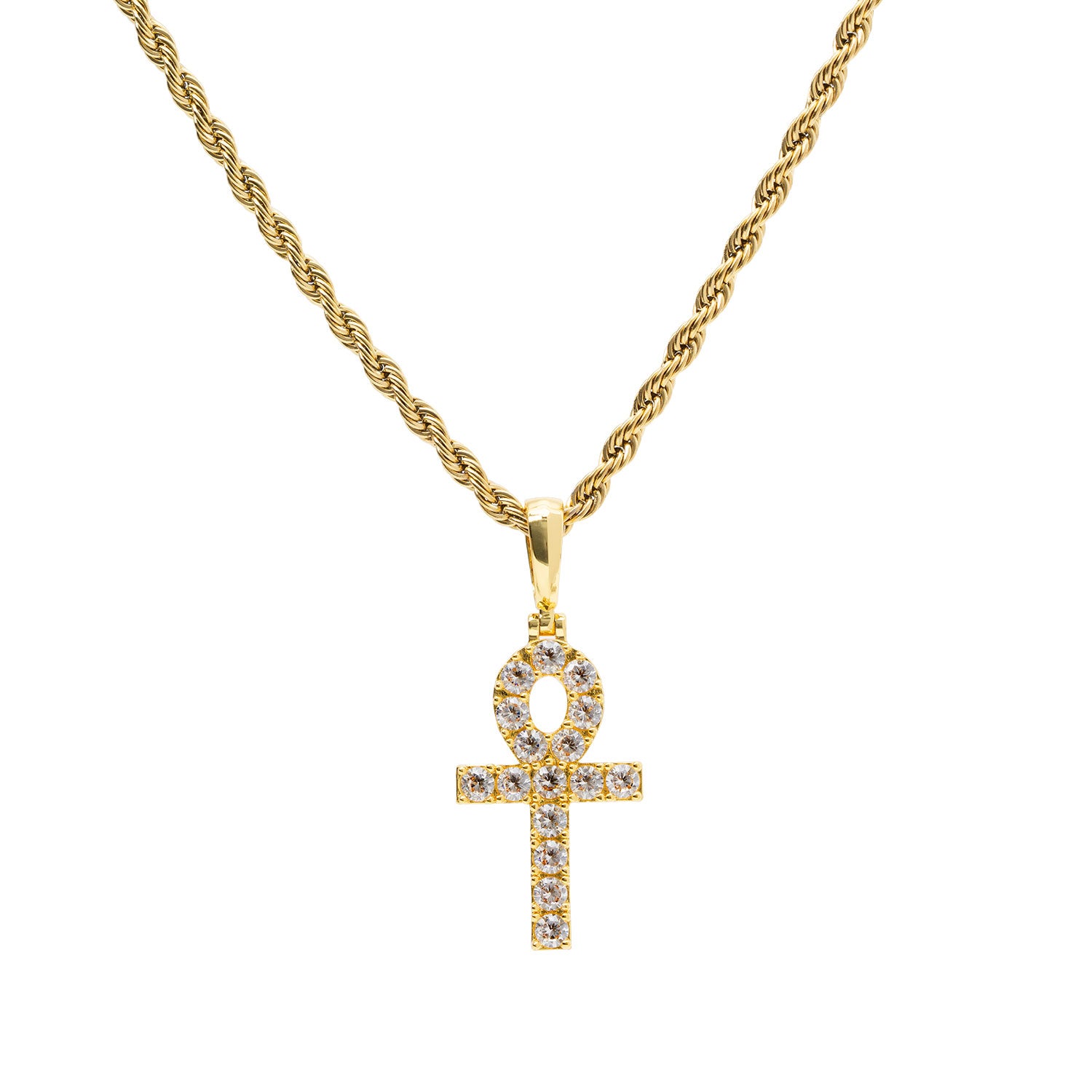 Gold CZ Micro Ankh Cross Necklace