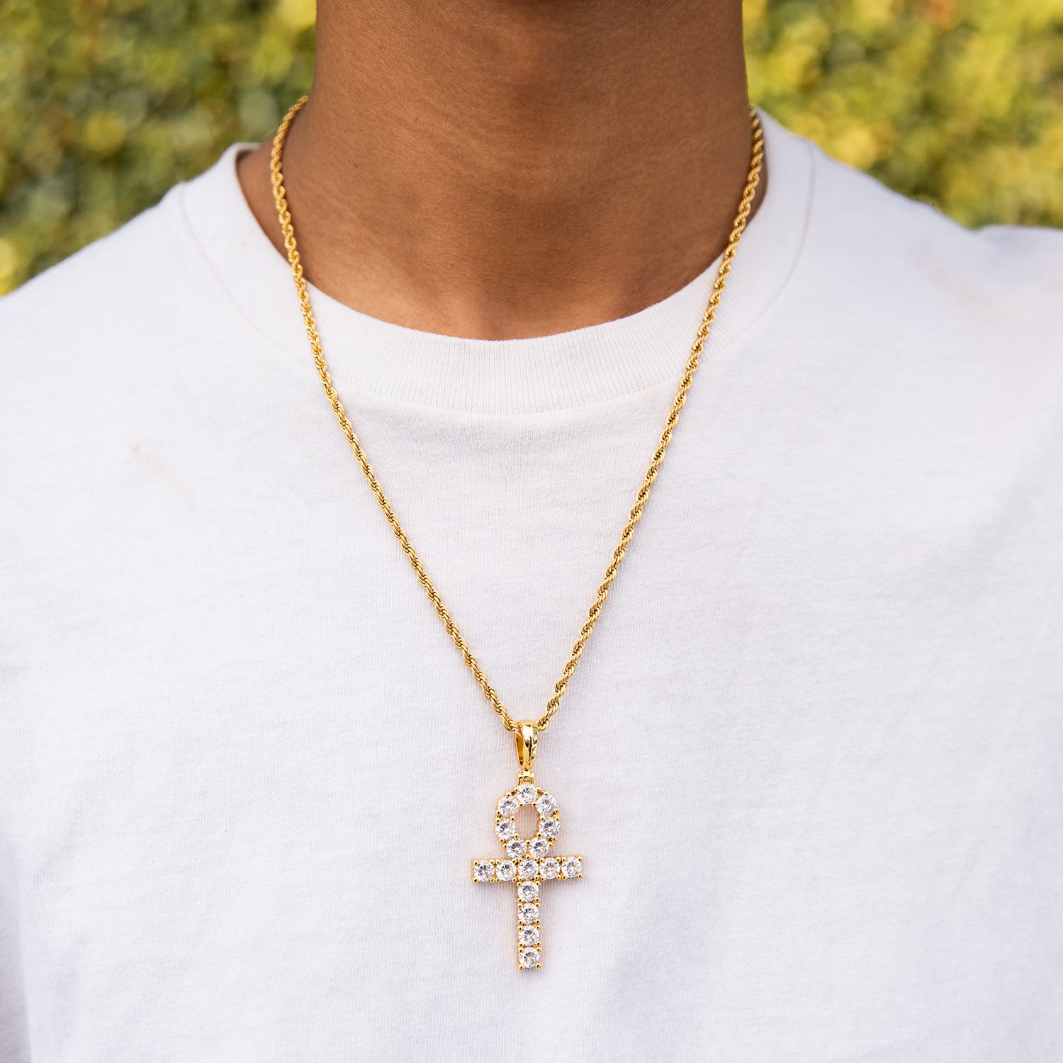 Gold Diamond CZ Ankh Cross Necklace