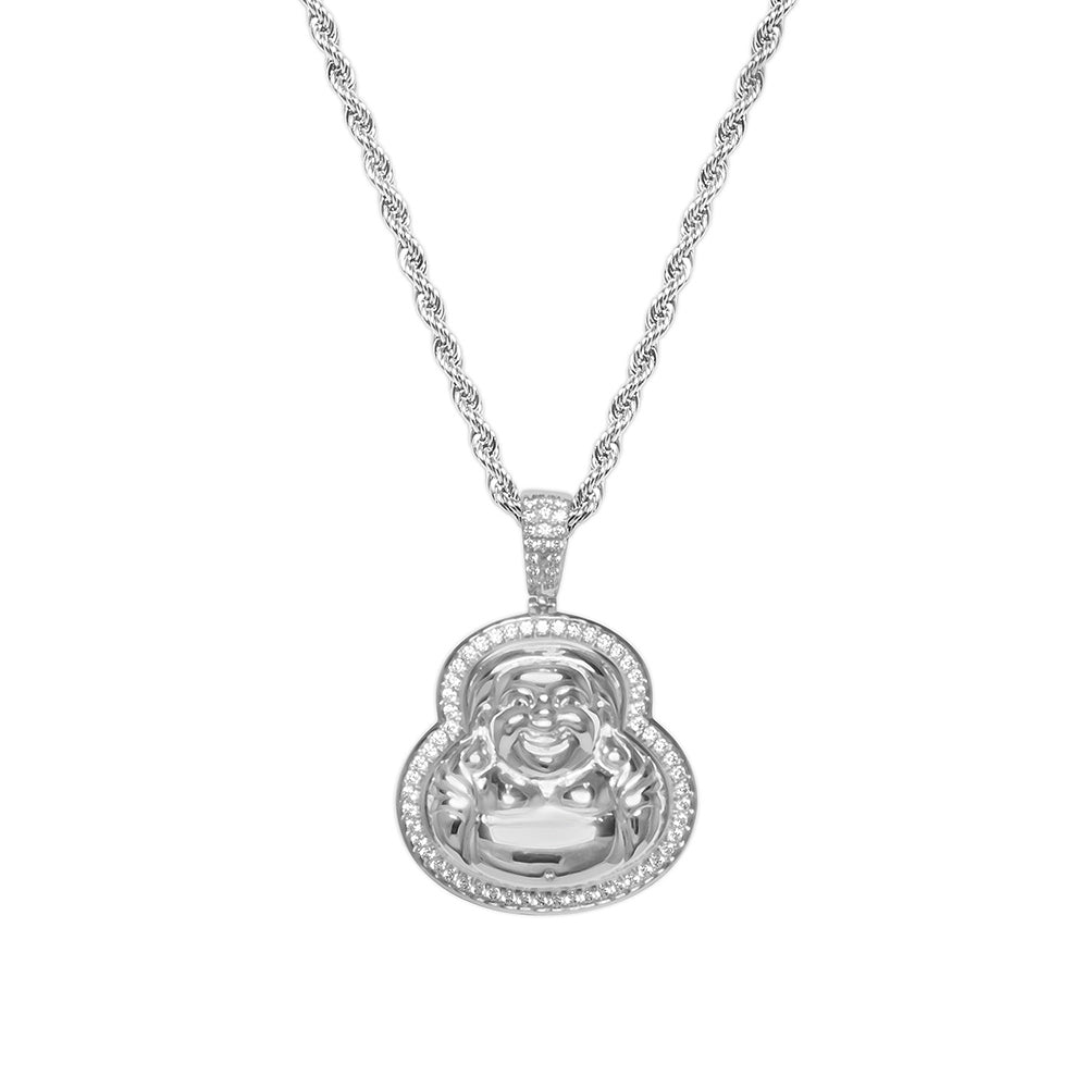 Men's White Gold Diamond CZ Buddha Pendant Necklace