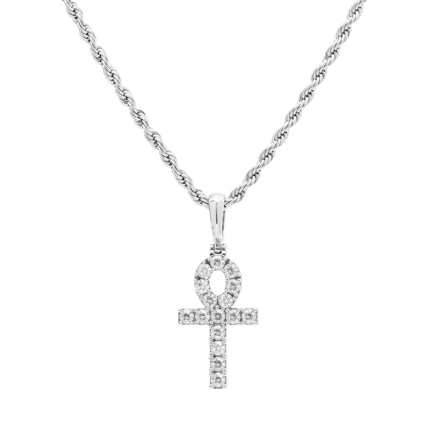 White Gold CZ Micro Ankh Cross Necklace