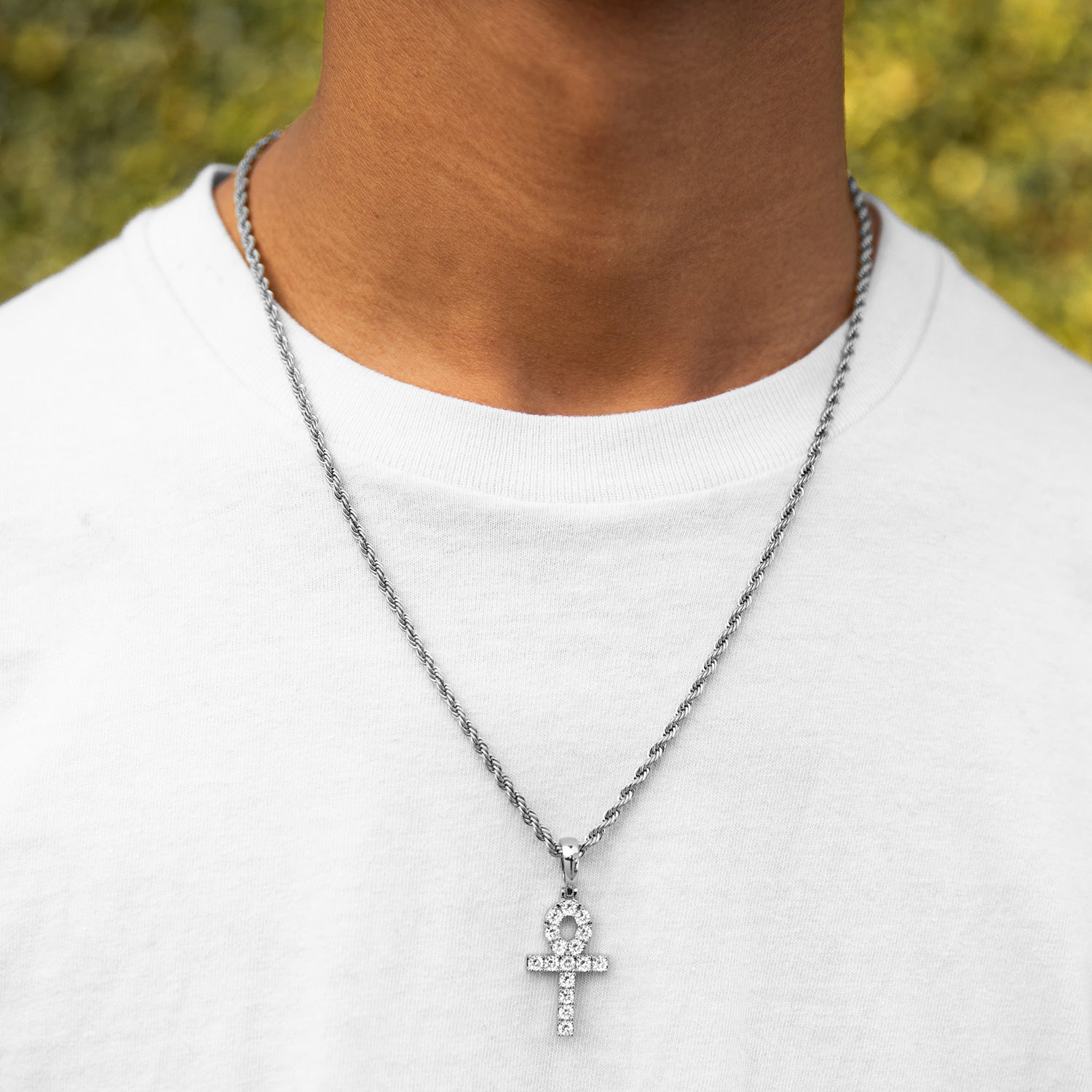 White Gold CZ Micro Ankh Cross Necklace