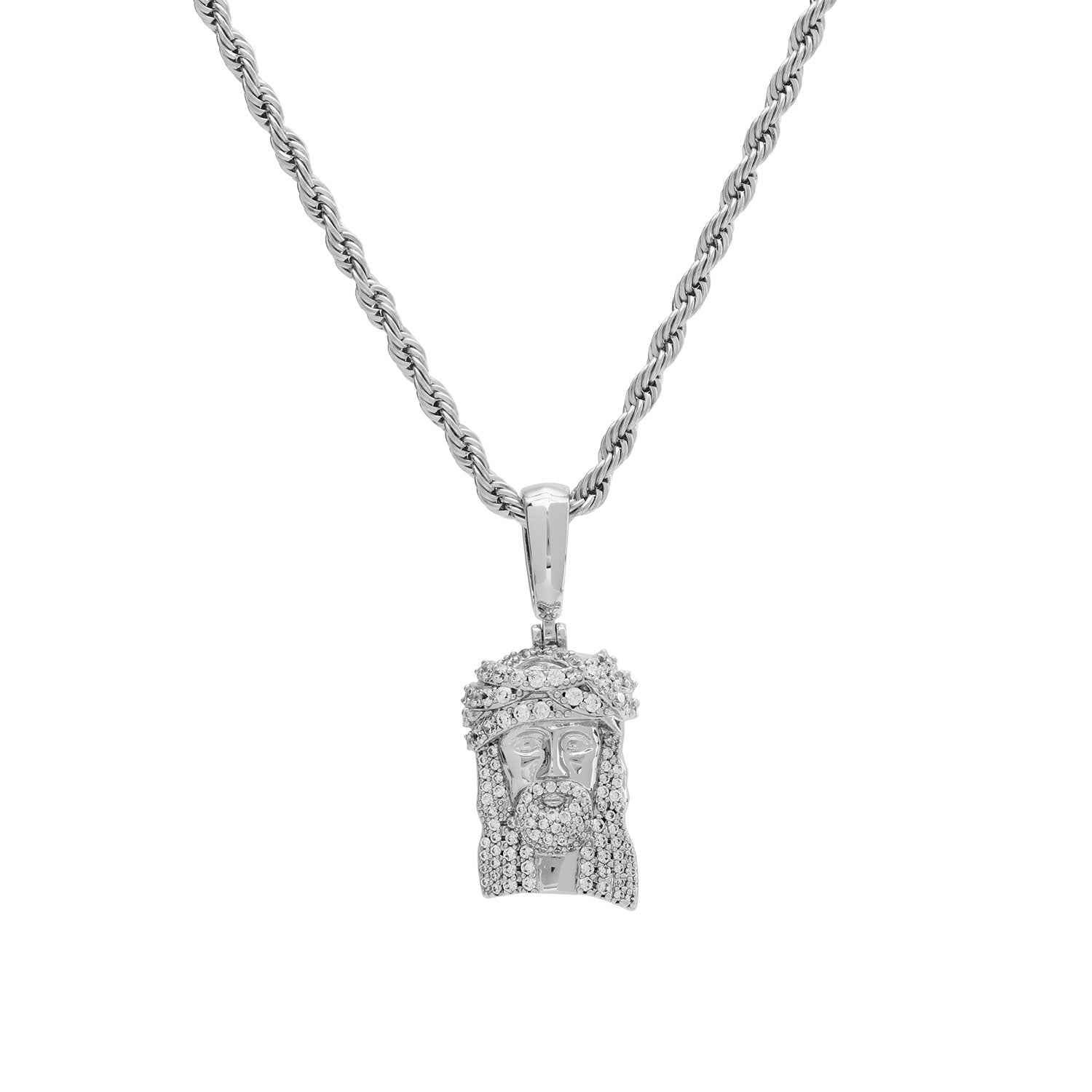 White Gold Diamond CZ Jesus Piece Necklace