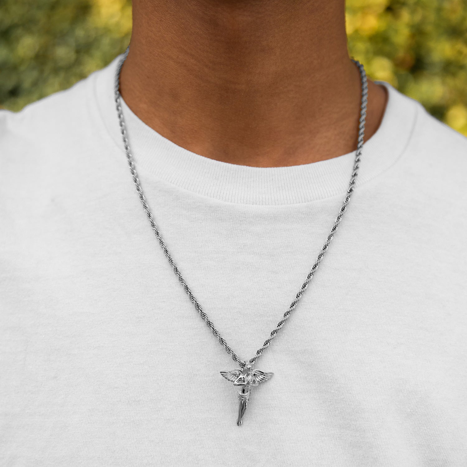 White Gold Stainless Steel Angel Necklace
