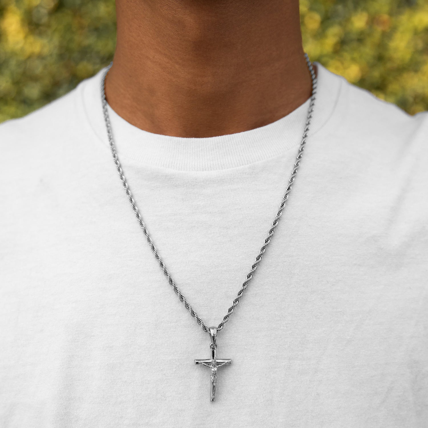 White Gold Stainless Steel Crucifix Necklace